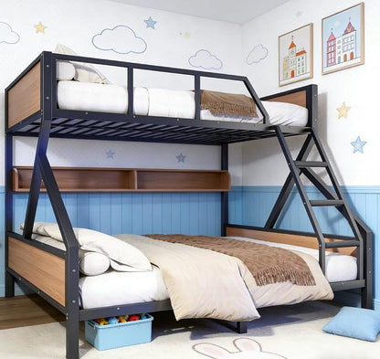 Bellemave Bunk Bed Queen Over King with LED, Heavy Duty Metal Bunk BedFrame with Storage Shelves and Lights, Woodgrain+Black