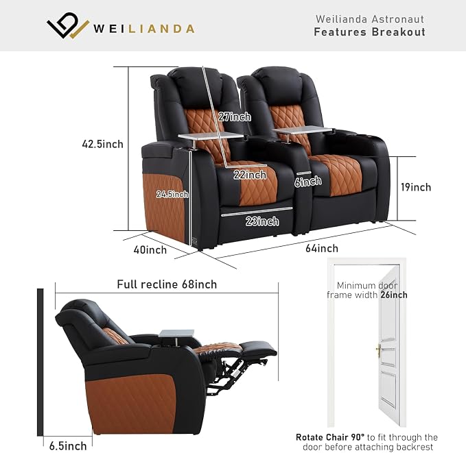 Weilianda Home Theater Seating Top Grain Leather Zero Gravity Recliner Chair Power Headrest Recline Movie Seat Gaming 7 Colors Mood Light Sofa with Tray Table Row of 2 Black Camel