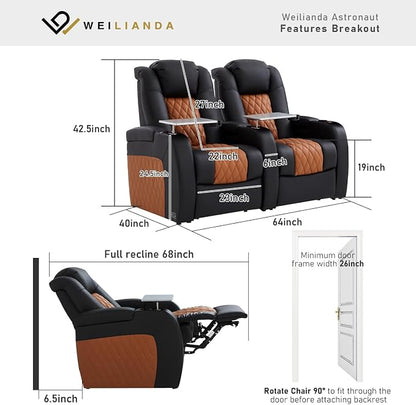 Weilianda Home Theater Seating Top Grain Leather Zero Gravity Recliner Chair Power Headrest Recline Movie Seat Gaming 7 Colors Mood Light Sofa with Tray Table Row of 2 Black Camel