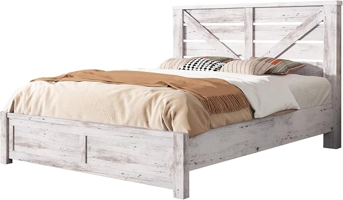 AMERLIFE Full Size Bed Frame with 49.2" Barn Door Headboard and Footboard, Farmhouse Platform Bed Frame with Wood Slats, No Box Spring Needed, Under Bed Storage, Distressed White