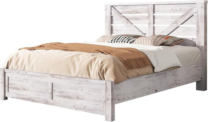 AMERLIFE Full Size Bed Frame with 49.2" Barn Door Headboard and Footboard, Farmhouse Platform Bed Frame with Wood Slats, No Box Spring Needed, Under Bed Storage, Distressed White