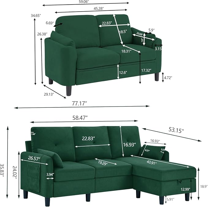 Convertible Sectional Sofa Set, 77" Small L Shaped 3 Seat Couch with Ottoman and 57" Loveseat, Modern Sofa Couches for Living Room, Green
