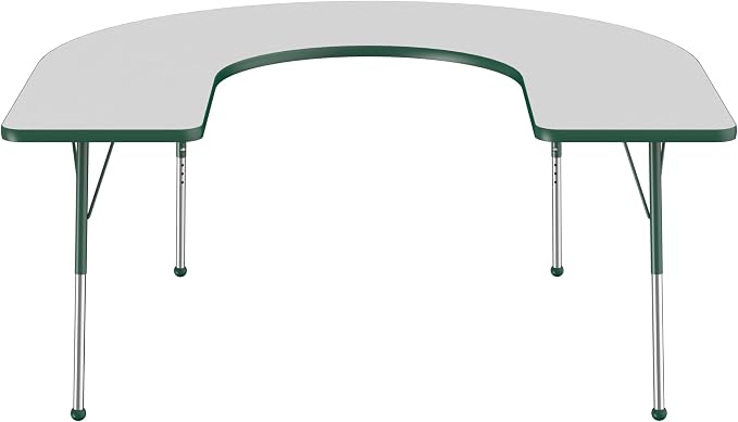 FDP Horseshoe Activity School and Office Table (60 x 66 inch), Standard Legs with Ball Glides for Collaborative Seating Environments, Adjustable Height 19-30 inches - Gray Top and Green Edge