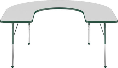 FDP Horseshoe Activity School and Office Table (60 x 66 inch), Standard Legs with Ball Glides for Collaborative Seating Environments, Adjustable Height 19-30 inches - Gray Top and Green Edge