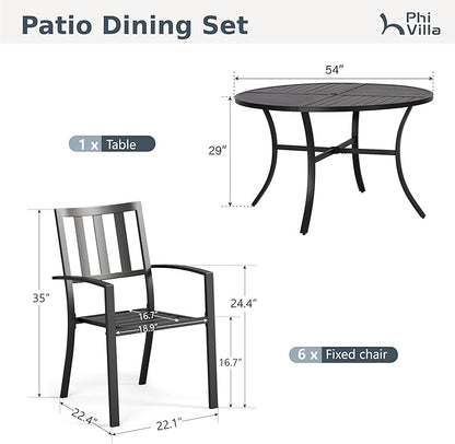 PHI VILLA 7 Pieces Outdoor Round Dining Set for 6, Wrought Iron Dining Table with Umbrella Hole & Stackable Metal Steel Chairs, Large Dining Furniture Set for Patio, Deck, Yard, Porch