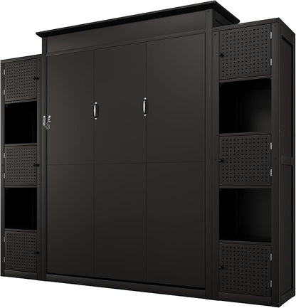 MERITLINE Queen Murphy Bed with Storage Bookcase Shelves and LED Light, Solid Wood Murphy Wall Beds with Storage Cabinet Shelves,for Adults,Space-Saving for Office,Bedroom,Guest Room
