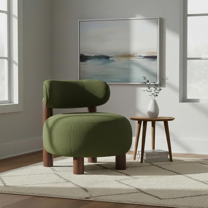 Modern Boucle Accent Chair, with Plush Faux Sherpa Upholstery, Curved Backrest, Solid Wood Legs for Living Room Bedroom Reading Nook, 27.5", Green