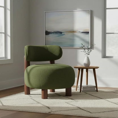 Modern Boucle Accent Chair, with Plush Faux Sherpa Upholstery, Curved Backrest, Solid Wood Legs for Living Room Bedroom Reading Nook, 27.5", Green