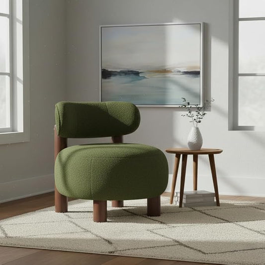 Modern Boucle Accent Chair, with Plush Faux Sherpa Upholstery, Curved Backrest, Solid Wood Legs for Living Room Bedroom Reading Nook, 27.5", Green
