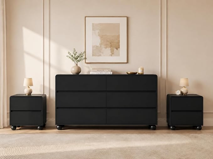 Furniway 3 Piece Bedroom Set, 6 Drawer Dresser and 2 Drawer Nightstand Set of 2 with Round Legs, Modern Wood Chest of Drawers Storage Cabinet for Bedroom, Black