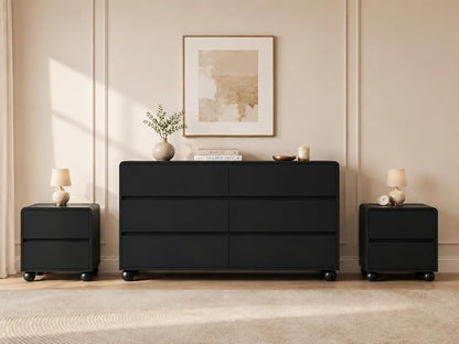 Furniway 3 Piece Bedroom Set, 6 Drawer Dresser and 2 Drawer Nightstand Set of 2 with Round Legs, Modern Wood Chest of Drawers Storage Cabinet for Bedroom, Black