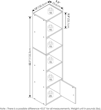 Furinno LUDER Book Shelf, 5-Tier Modern Bookshelf, Bookcase with 1 Door Storage Cabinet, 9.3 x 12 x 52, for Organization and Storage, for Living Room, Bedroom, Home Office, French Oak