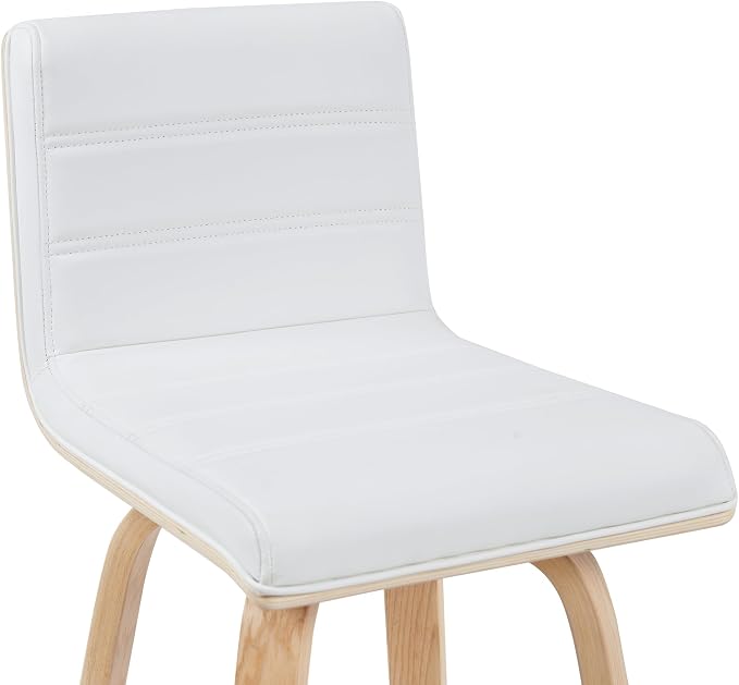 Vienna Modern Swivel Bar Height Stool with White Faux Leather Seat and Patterned Oak Wood Frame Set of 2