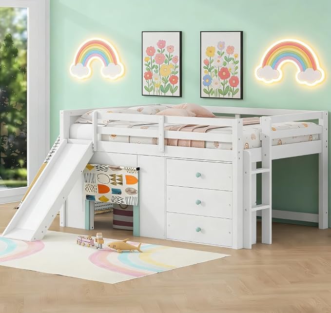 Bellemave Full Size Low loft Bed with Slide for Kids,Wood Modern Farmhouse Full Loft Bed with Drawer Storage, No Box Spring Needed, White
