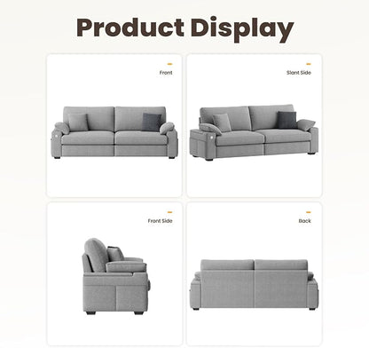 MALOL 89" Loveseat Couch, 3 Seater Upholstered Midcentury Mondern Love Seat with USB Type C Ports, 4 Pillows and Storage Armrest Cloud Foam Sofa for Living Room/Small Spaces, Grey | Breathable material