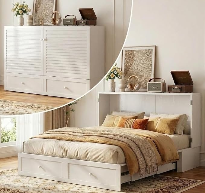 PUREMIND Queen Murphy Bed, Murphy Cabinet Bed with Storage Drawer, USB Charging Station and Bedside Panel, Space Saving Murphys Chest Beds Wallbed for Guest Room, No Mattress