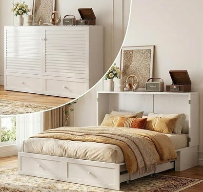 PUREMIND Queen Murphy Bed, Murphy Cabinet Bed with Storage Drawer, USB Charging Station and Bedside Panel, Space Saving Murphys Chest Beds Wallbed for Guest Room, No Mattress