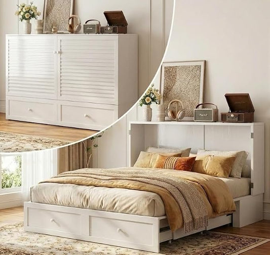 PUREMIND Queen Murphy Bed, Murphy Cabinet Bed with Storage Drawer, USB Charging Station and Bedside Panel, Space Saving Murphys Chest Beds Wallbed for Guest Room, No Mattress