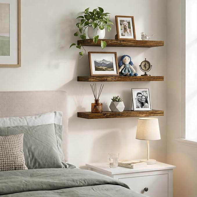 Floating Shelves for Wall, 16 inch Set of 3 Bathroom Shelf Bedroom Kitchen Living Room Hanging Book Shelves Small Farmhouse Decor, Rustic Brown