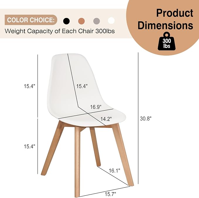 VECELO Dining Chairs Set of 4, Mid-Century Modern Kitchen & Dining Room Chairs, Molded Plastic Seat & Back, Solid Wood Legs, Armless, Non-Slip Feet, White