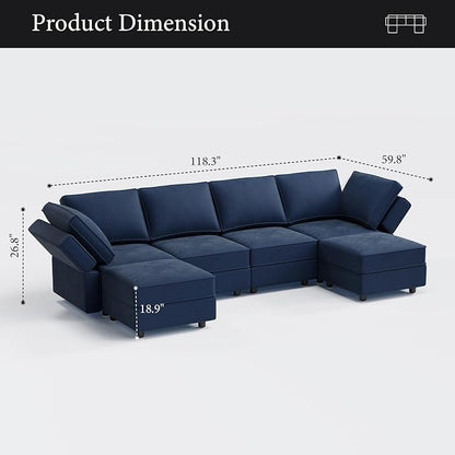 Vesgantti Sectional Couches with Storage Seats, 118" L Shaped Convertible Modular Sectional Sofa, 4 Seat & 2 Ottomans Velvet Storage Chaises Deep Seat Couch for Living Room, Bedroom, Apartment, Blue