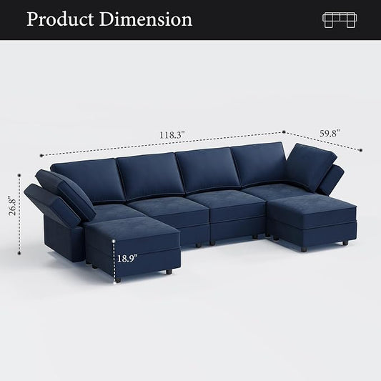 Vesgantti Sectional Couches with Storage Seats, 118" L Shaped Convertible Modular Sectional Sofa, 4 Seat & 2 Ottomans Velvet Storage Chaises Deep Seat Couch for Living Room, Bedroom, Apartment, Blue