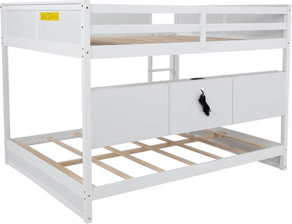 RUNNA Queen Over Queen Bunk Bed with Storage,Charging Station,White | Queen over queen bunk bed with storage cabinets,USB,solid wood frame,guardrails,no box spring needed,space saving, white