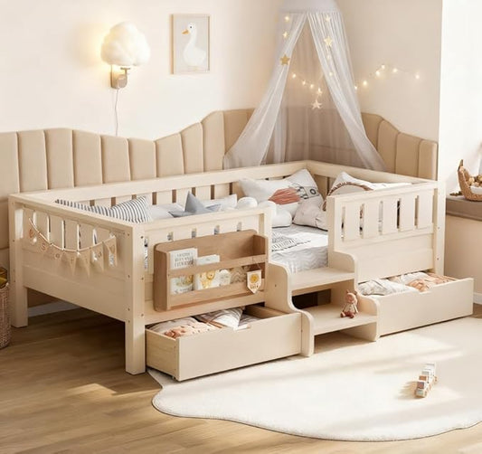 Bellemave Twin Size Kids Bed with high Rails and with Built-in Bookshelf and Drawers for Kids, Girls, Boys, Wood Montessori Bed Without Door, Beige