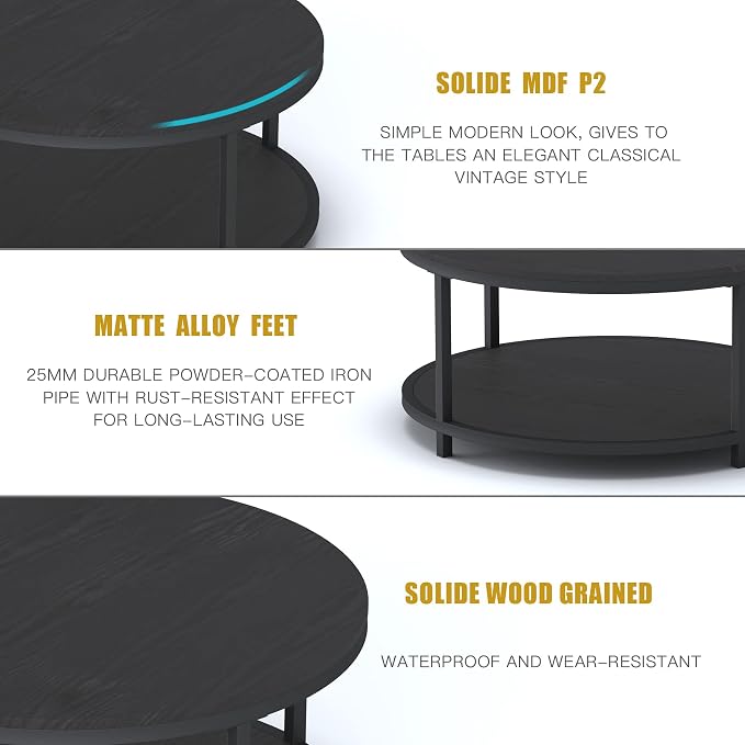 NSdirect Round Coffee Table, 36" Rustic Wooden Surface Top & Sturdy Metal Legs Industrial Sofa Table for Living Room Modern Design Home Furniture with Storage Open Shelf (Black Oak)