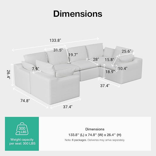 Novilla 133.8" Modular Cloud Couch, Modern Sectional Sofa with Smarts Coil® Support, Chenille Fabric, Upholstered Couch for Living Room Apartments Bedroom, No Assembly, 6 Seater, White
