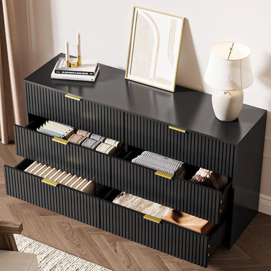 MAISONARIA 3-Piece Dresser Bedroom Set, 6 Drawer Dresser & 3 Drawer Nightstands with Gold Handles, Fluted Wood Chest of Drawers for Bedroom, Living Room, Entryway, Black
