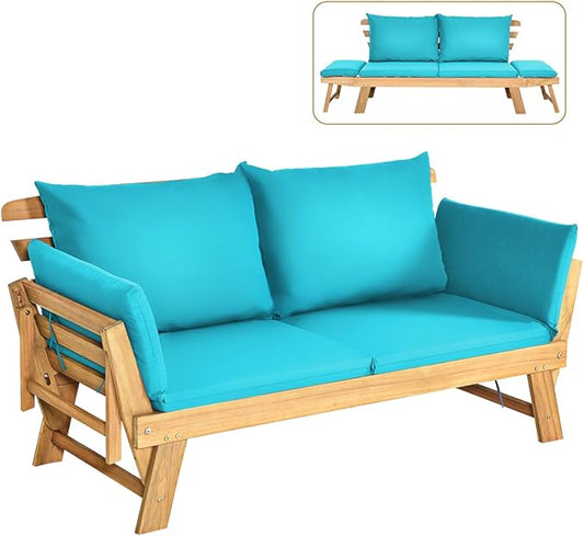 Tangkula Convertible Acacia Wood Patio Couch Sofa Bed with Adjustable Armrest, Outdoor Daybed with Cushion & Pillows, Outside Folding Futon Sofa Couch Bench for Porch, Courtyard, Poolside & Garden
