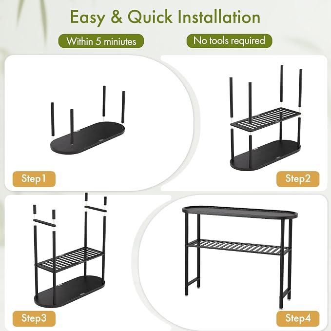 Black Entryway Table for Hallway Bamboo 39.4", Outdoor Console Table Oval Top, Sofa Table Behind Couch 2-tier, TV Stand Plant Stand with Anti-fall Edge, 5min Easy Assembly, 39.4"L x 11.8"W x 29.7"H
