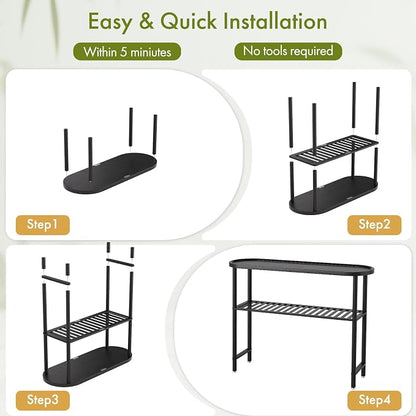 Black Entryway Table for Hallway Bamboo 39.4", Outdoor Console Table Oval Top, Sofa Table Behind Couch 2-tier, TV Stand Plant Stand with Anti-fall Edge, 5min Easy Assembly, 39.4"L x 11.8"W x 29.7"H