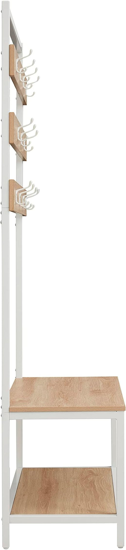 Linon Shaymus White Metal Hall Tree with Natural Wooden Topped Bench and Shelf with Multiple Hanging Hooks