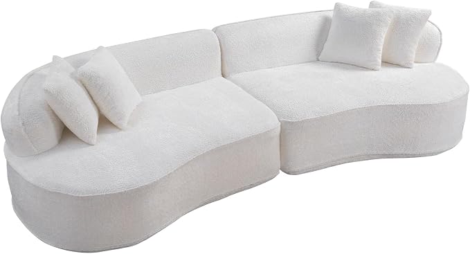KEIKI 114" Boucle Curved Modular Sectional Sofa with 4 Pillows, Upholstered Oversized 4-Seater Boneless Couch with High Resilience Cushion, No Assembly Required, for Apartment, Living Room, White