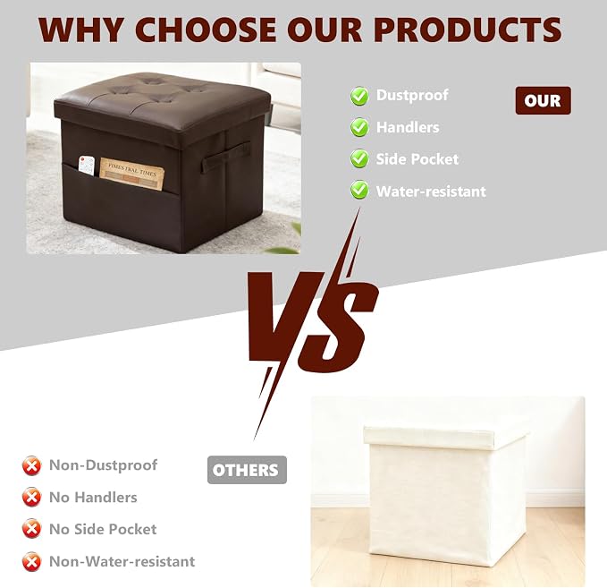 ALASDO Storage Ottoman Footrest Stool Small Ottoman with Storage Foldable Ottomans Foot Rest Footstool Bench for Living Room 17x13x13inches Brown