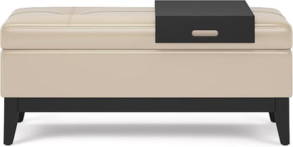 SIMPLIHOME Oregon Storage Ottoman Bench with Tray - 42 inch Wide Upholstered Vegan Leather Rectangle Storage Ottoman Bench in Satin Cream, Transitional Tufted Ottoman for Living Room with Lift-Up Lid