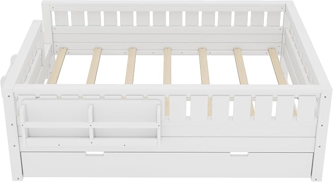 Bellemave Full Size Kids Bed with high Rails and with Built-in Bookshelf and Trundle for Kids, Girls, Boys, Wood Montessori Bed Without Door, White