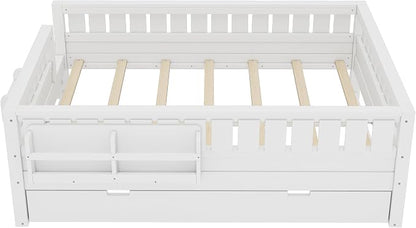 Bellemave Full Size Kids Bed with high Rails and with Built-in Bookshelf and Trundle for Kids, Girls, Boys, Wood Montessori Bed Without Door, White