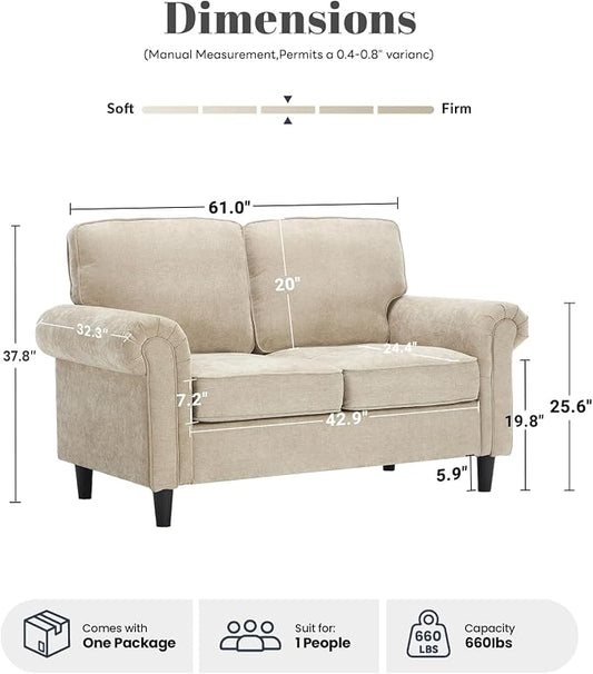 Kingfun Loveseat 2 Seater Couch, Mid Century Modern Chenille Sofa with Rolled Arms and Deep Seats, Fluffy Comfort for Living Room, Apartment, Easy Assembly, Khaki