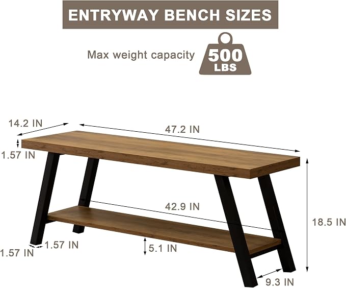 SUNTAGE Entryway Bench, Farmhouse Indoor Entry Way Shoe Benches Seat, Industrial Metal Shoe Storage Bench Organizer for Living Room, Bedroom, Hallway (Rustic Oak)