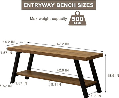 SUNTAGE Entryway Bench, Farmhouse Indoor Entry Way Shoe Benches Seat, Industrial Metal Shoe Storage Bench Organizer for Living Room, Bedroom, Hallway (Rustic Oak)