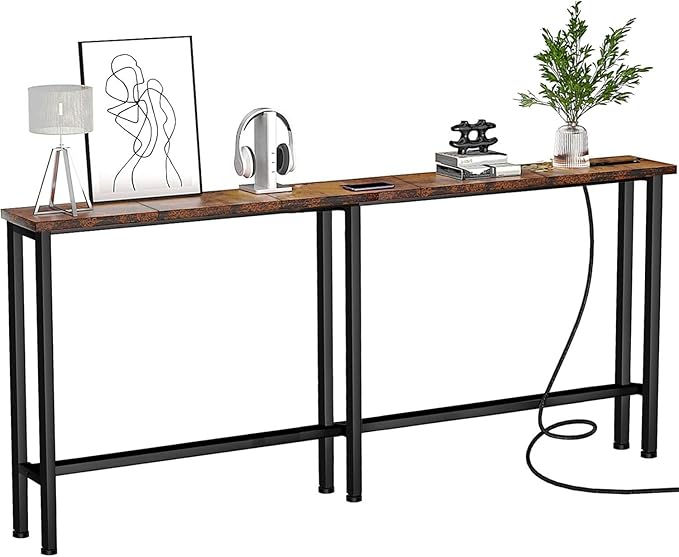 Keelian 63" Sofa Table Narrow Long - Power Outlets & 2 USB Ports, Metal Frame,Behind Couch Table Behind Sofa for Living Room, Hallway, Entrance- Easy Assembly, 4.9' Extension Cord Included.