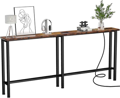 Keelian 63" Sofa Table Narrow Long - Power Outlets & 2 USB Ports, Metal Frame,Behind Couch Table Behind Sofa for Living Room, Hallway, Entrance- Easy Assembly, 4.9' Extension Cord Included.