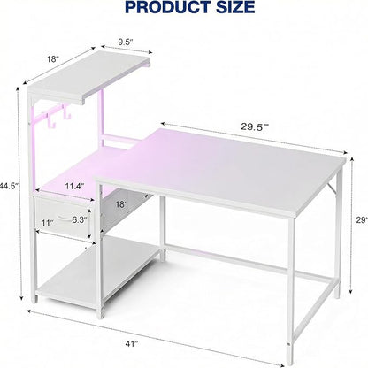 Grandder Gaming Desk 41 Inch with CPU Stand and LED Light, Computer Desk with Reversible Shelves and Storage Drawer, Pc Small Desk for Home Office Table with Bag, White