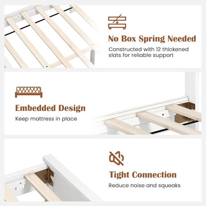 GOFLAME Queen Size Wood Bed Frame, Mid-Century Modern Platform Bed with Headboard, Solid Wood Legs, Mattress Foundation with 12 Wooden Slats, No Box Spring Needed, White