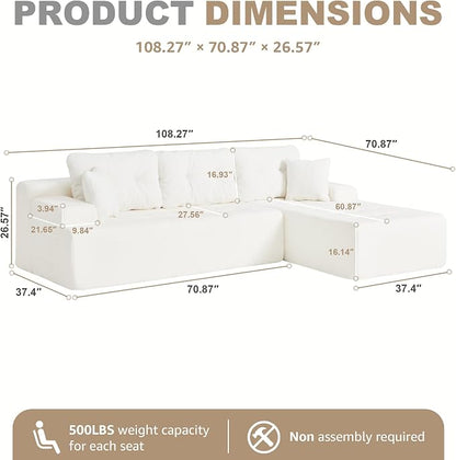 Hobestluk Modular Sectional Sofa Couches L-Shape Couch 3 Seat Modular Sofa Memory Foam Sectional Couches for Living Room, Cloud Couch with Oversized Chaise (White Tufted, 108", Right Hand Facing)