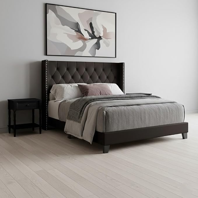 HOME DESIGN Homer King Tufted Wingback Upholstered Panel Bed with 2 Matching 1 Drawer Nightstands, Bedroom Furniture Set with Open Shelf Storage, Brown Black