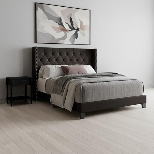 HOME DESIGN Homer King Tufted Wingback Upholstered Panel Bed with 2 Matching 1 Drawer Nightstands, Bedroom Furniture Set with Open Shelf Storage, Brown Black